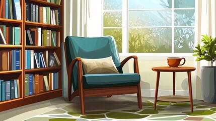 Fototapeta premium A cozy armchair with a cup of coffee sits next to a window with a view of green trees and a bookshelf filled with books.