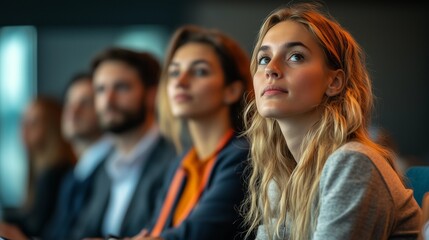 A group of business people at a conference or meeting, sitting in arow and listening to a presentation. Highlighting the focus and engagement of attendees.