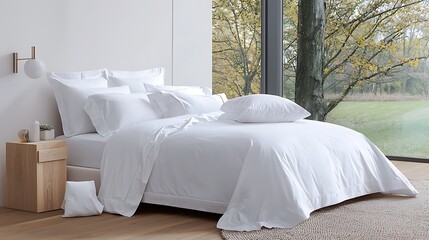 A serene bedroom featuring a king-sized bed with luxurious bedding and accent pillows in soothing colors. The room is enhanced by stylish nightstands and modern lighting fixtures, with a captivating