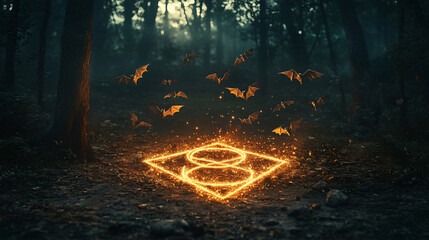 A mystical graphic of bats flying out of a glowing pentacle inscribed on the ground in a forest clearing.
