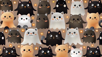 Many cute ghost cats in a playful Halloween design
