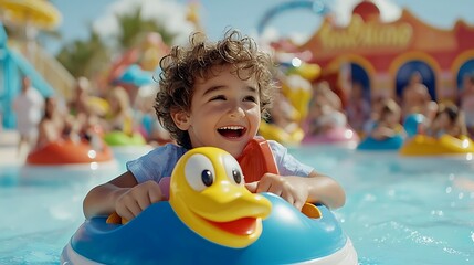 A close-up shot of a family sharing an adventurous day at a theme park, showcasing their excitement on exhilarating rides. The background features colorful attractions and happy crowds, emphasizing