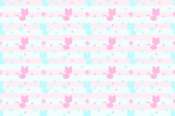 Pink And Blue Silhouette Cat And Circle Confetti With Paw Pattern Background. Wallpaper. Vector Illustration