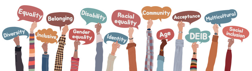 Isolated raised hands of people from diverse cultures holding speech bubbles with words expressing DEIB - diversity - equality - inclusion - belonging concept