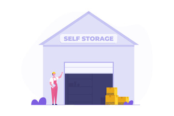 Self Storage Concept: A vector illustration featuring cardboard boxes filled with unused items stored in a mini warehouse or rental garage.