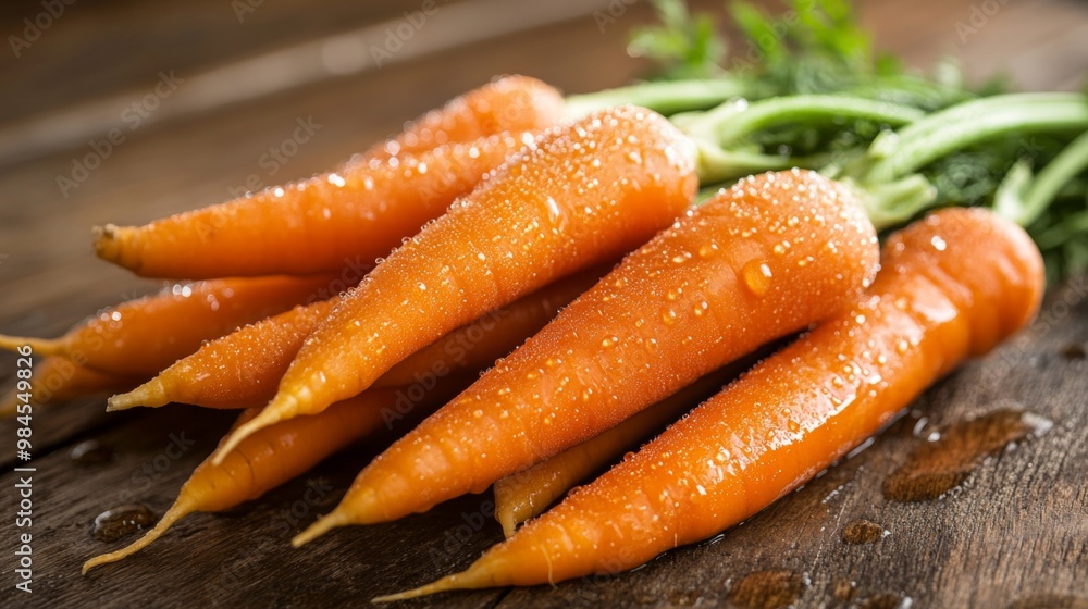 Poster a pile of freshly washed carrots with dew drops glistening on their smooth surface, displayed agains