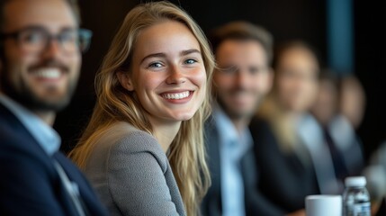 A group of business people at a conference or meeting, sitting in arow and listening to a presentation. Highlighting the focus and engagement of attendees.