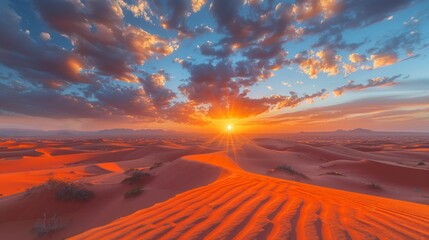 Sand dunes in the Sahara Desert at amazing sunrise, Merzouga, Morocco - Orange dunes in the desert of Morocco - Sahara desert, 