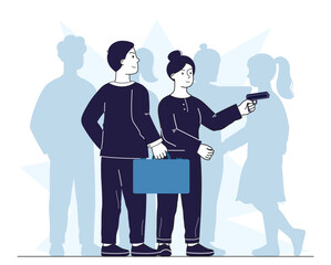 Secret agents team. Man and woman in black clothes with pistol with silencer. Privacy and secrets. Security and guarding, protection. Linear vector illustration