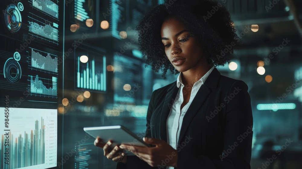 Poster an image of a woman with a tablet that is superimposed with futuristic digital graphics, charts, and