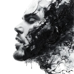 Fototapeta premium A black and white abstract portrait of a man with paint-like swirls covering his face.