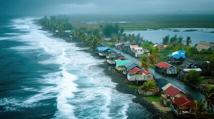 Climate change's impact on small island nations, showing a coastal village threatened by rising ocean levels
