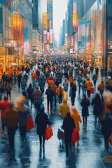 Obraz premium Blurry people with colorful bags rushing to the autumn sales. The concept of discounts, black Friday sales