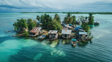 Climate change's impact on small island nations, showing a coastal village threatened by rising ocean levels