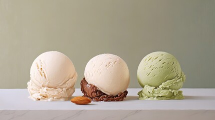 Three distinct scoops of ice cream, vanilla, chocolate, and green, sit elegantly on a table beside a single almond, all illuminated by gentle, soft light against a plain background