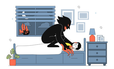 Boy with sleep paralysis. Young guy woke up and couldnt move on his bed. Negative feelings and movements, mental and psychological disorders. Linear vector illustration