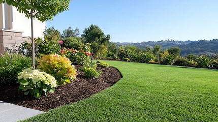 Obraz premium A beautifully manicured garden featuring vibrant flowers and lush greenery, showcasing intricate landscaping design elements. The scene captures the essence of nature with a clear blue sky as the