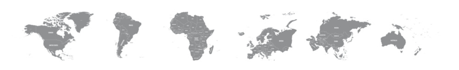 Set of six world continent maps in a row - North America, South America, Africa, Europe, Asia and Australia. Grey silhouette blank vector map © pyty