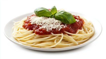 A plate of classic spaghetti with marinara sauce, topped with fresh basil leaves and parmesan cheese, set on a clean white background