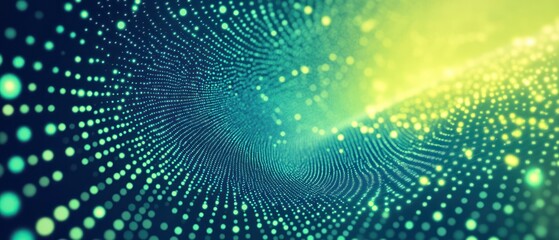 Abstract digital background with swirling dots and light effects.