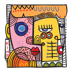 Abstract face portrait geometric, shapes and doodle outline hand drawn vector illustration. Contemporary trendy art design for art print, wall art, cover, poster, decoration and prints.