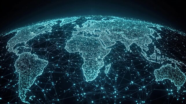 In close-up, a digital world map interface is depicted with networks and nodes of illumination, symbolizing international connections and communication.