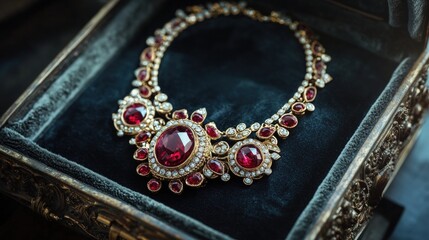 Obraz premium A luxurious ruby necklace with gold accents rests inside a velvet-lined box.