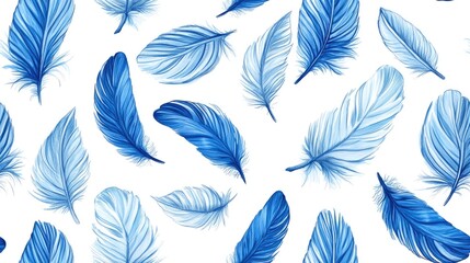 Fototapeta premium Seamless pattern featuring hand drawn blue feathers