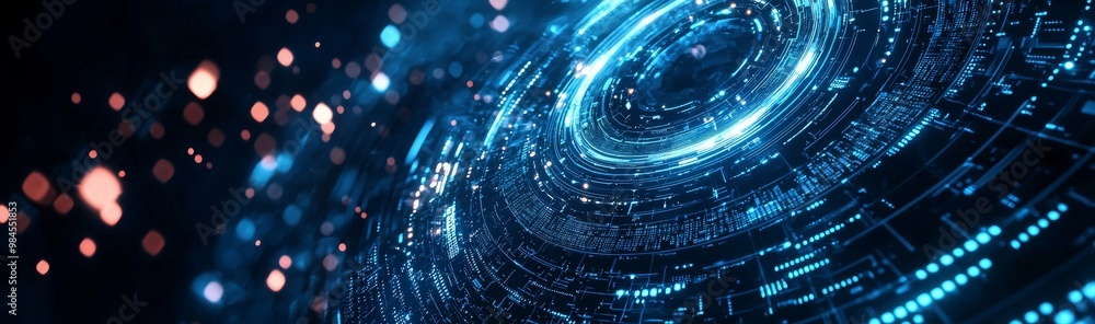 Poster an interface made of circular blue circles on a background of technology