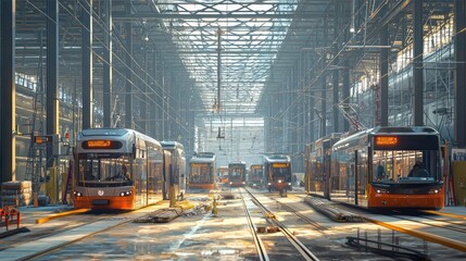 Image of a futuristic transportation hub under construction, focusing on the integration of multiple transport modes like buses, trains, and trams