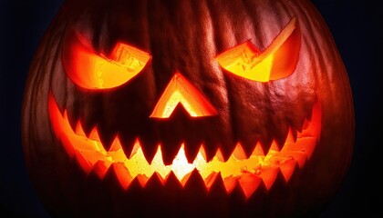 Close-up of Glowing Evil Jack-O'-Lantern with Sharp, Menacing Grin and Piercing Eyes Illuminated from Within, Emanating a Spooky Halloween Atmosphere on a Dark Background