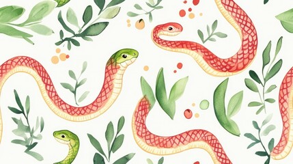 Obraz premium Seamless Watercolor Pattern Featuring Festive Cute Snakes for New Year