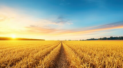Obraz premium A field of golden wheat with a sun setting in the background