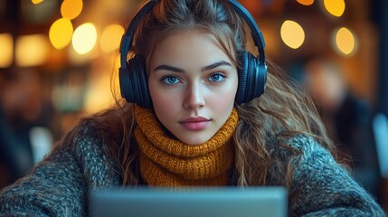 A young woman with long hair and headphones focuses intently on her laptop in a cozy cafe setting during the evening, surrounded by warm, glowing lights and a relaxed atmosphere