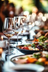 A long table with delicious food and wine glasses