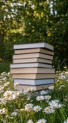 Sunlight bathes a stack of hardcover books resting on a vibrant green meadow