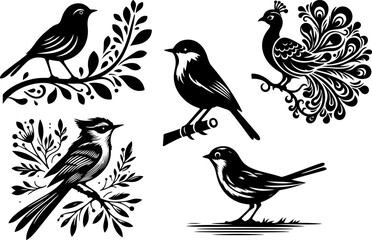 Different type of birds silhouette vector style with white background