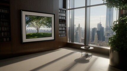 Fototapeta premium Sunlight filters through a window in a modern living space, highlighting a black-framed poster mockup on the floor and a coffee table adorned with books and plants