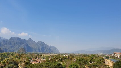 The beauty of the Pha Tang or walls mountain of Vang Vieng and the view of the city full of environmental richness
