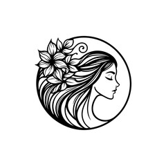 Natural beauty woman long hair logo for salon or cosmetic product with line art style. Line art floral women logo design. creative vintage editable vector floral girl illustration.