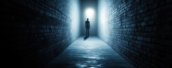 A solitary figure stands at the end of a dimly lit corridor, invoking feelings of mystery and suspense.