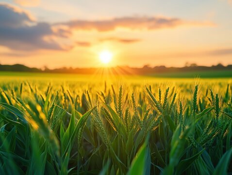 green agriculture field with the sunset in the horizon - Powered by Adobe
