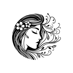 Natural beauty woman long hair logo for salon or cosmetic product with line art style. Line art floral women logo design. creative vintage editable vector floral girl illustration.