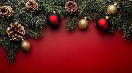  festive christmas decorations on a dark red background with copy space in the middle, gold