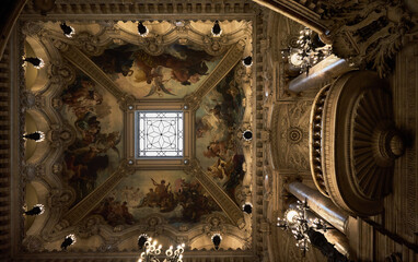 Paris, France - 09, 26, 2024 : top view of the central part of the ceiling of the Opera Garnier,...