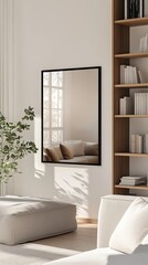 Sunlight filters through a window in a modern living space, highlighting a black-framed poster mockup on the floor and a coffee table adorned with books and plants