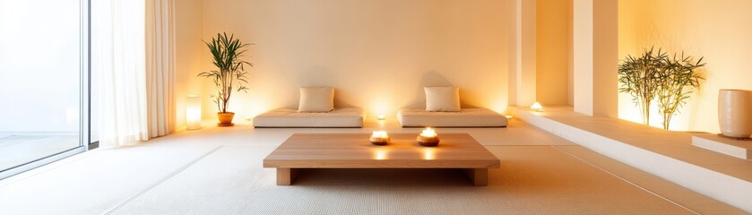 A serene interior featuring minimalistic furniture, soft lighting, and greenery, creating a peaceful atmosphere for relaxation.