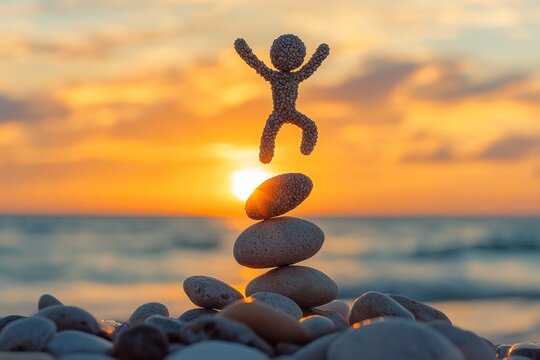 A small figure made of pebbles joyfully leaps atop a stack of stones by the shore during a vibrant sunset, creating a serene and inspiring moment at the beach