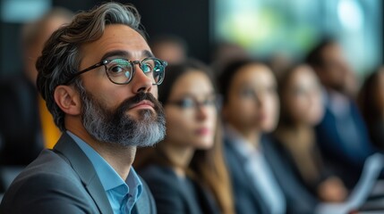 A group of business people at a conference or meeting, sitting in arow and listening to a presentation. Highlighting the focus and engagement of attendees.