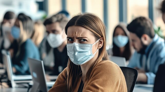 Young woman looks concerned while attending a group meeting in a modern office filled with colleagues wearing masks during the pandemic in the late afternoon